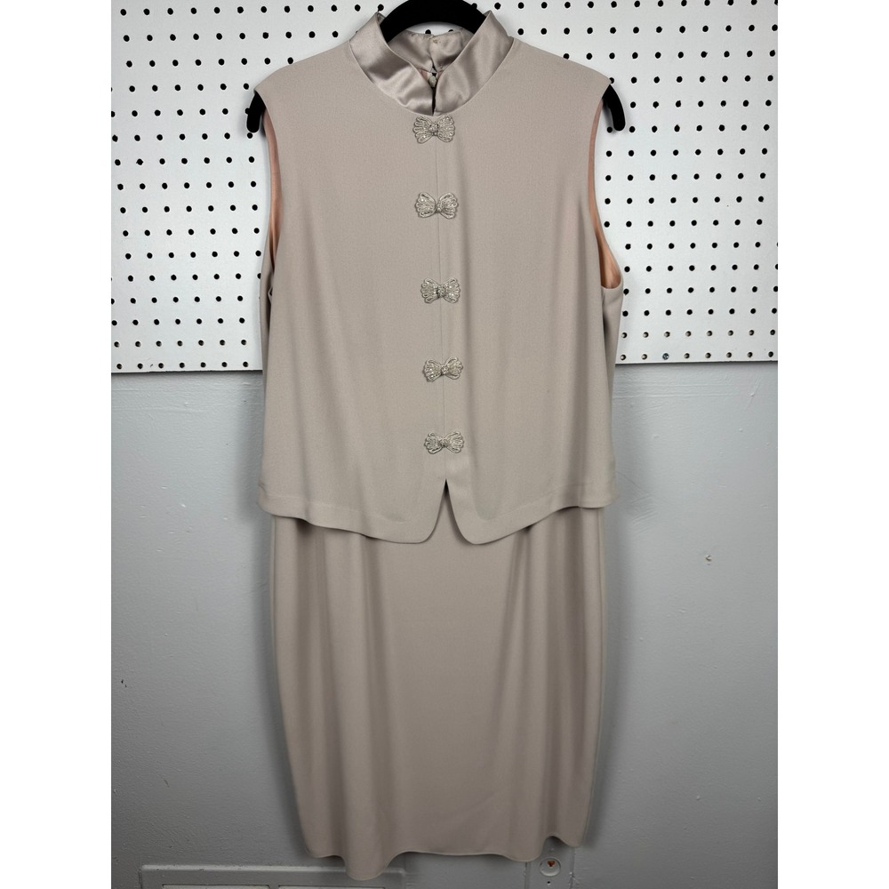 VTG 90s Minimalist Column Dress Beaded‎ Frog Closure Mandarin Collar 12